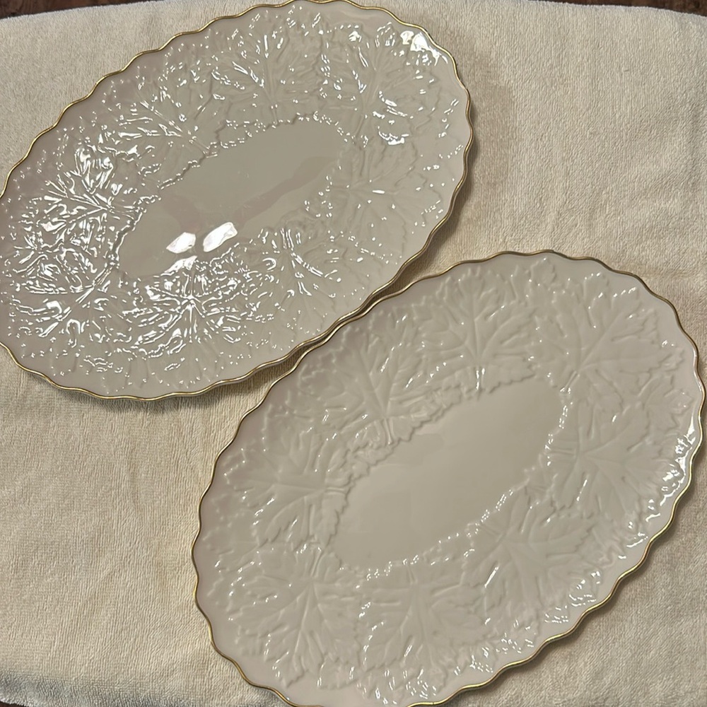 Lenox Garden Maple Leaf Platters hand made cream in color with 24k gold trim